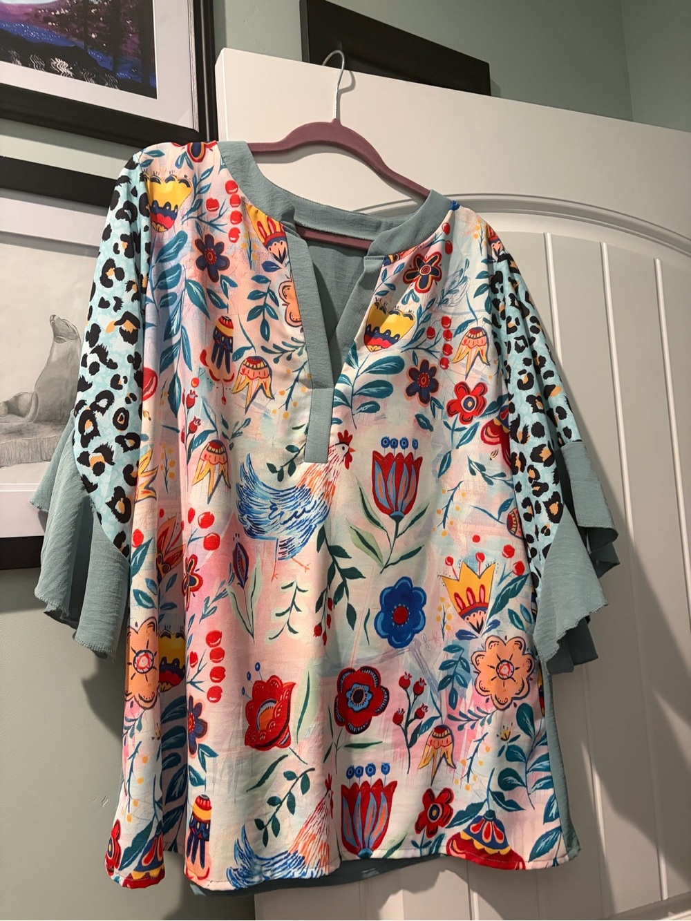 Printed Floral V-Neck Tunic with Light Blue Accents